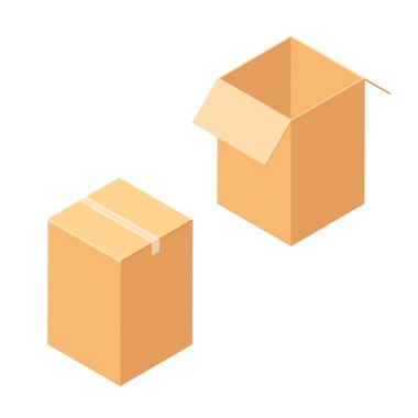 Karton kutuyu aç ve kapat. Beyaz bir arka planda izole edilmiş. Raster Illustrasyon. İzometrik görünüm