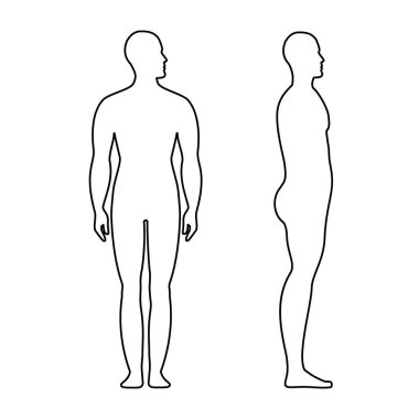 Erkek anatomisi insan karakteri önden ve yandan görünüşlü vücut silueti, beyaz, düz raster çiziminde izole edilmiş. Siyah ve özet manken konsepti.