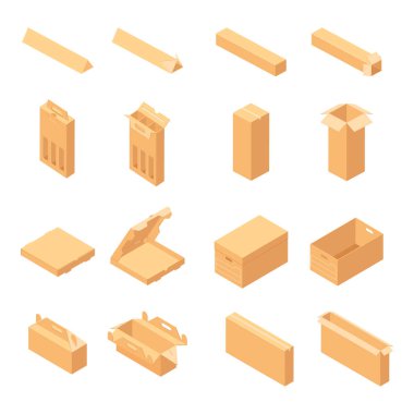 Karton teslimat paketi açık ve kapalı. Karton kutu maket seti. raster. İzometrik görünüm