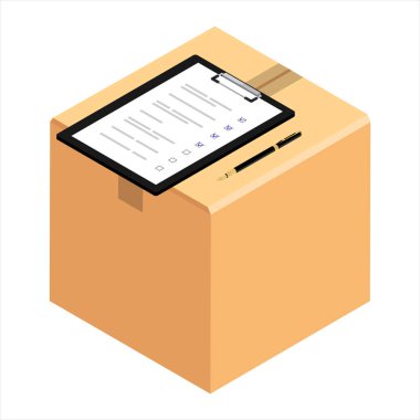 Sevkiyat kâğıdı faturası olan kapalı karton kutu paketi. Beyaz bir arka planda izole edilmiş. Teslimat emrini kontrol ediyorum. raster