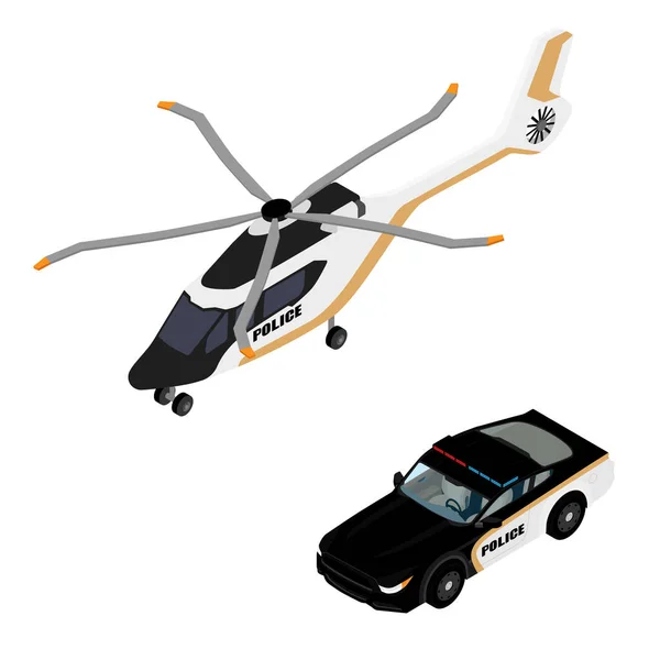 警察直升机和汽车图标 紧急和紧急警察服务运输 栅格插图 — 图库照片