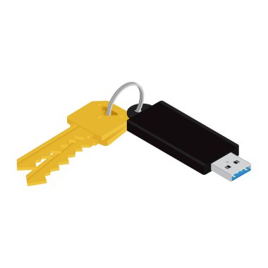 Beyaz arkaplanda USB flash belleği olan anahtarlar. raster. İzometrik görünüm