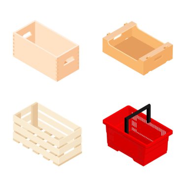 Hasır sepet, alışveriş sepeti ve ahşap market kutuları izometrik manzara