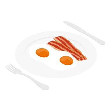 Tavada yumurta ve pastırma, çatal ve bıçakla. İngiliz Kahvaltı Festivali. raster
