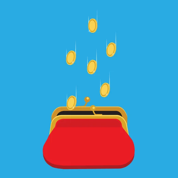 raster illustration golden coins falling in red retro purse isolated on blue background. Dollars dropping in open purse. Saving money concept