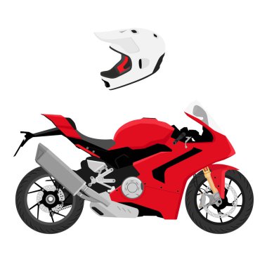 Beyaz arka planda kırmızı motosiklet ve kask izole edilmiş. Vektör