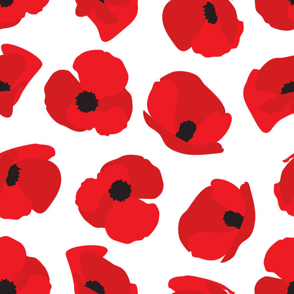Poppy flower seamless pattern. Red poppies on white background. For textile, wallpapers, print and web design. Vector