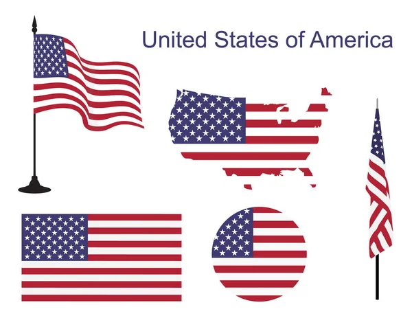 Różne Amerykańskie Flagi Odizolowane Białym Tle Machanie Amerykańską Flagą Maszcie — Wektor stockowy