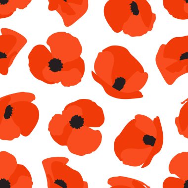 Haşhaş çiçeğinin pürüzsüz deseni. Beyaz arka planda kırmızı gelincikler. Tekstil, duvar kağıtları, baskı ve web tasarımı için. Vektör