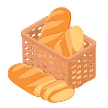 Beyaz, izometrik manzarada izole edilmiş taze pişmiş ekmek sepeti. Vektör