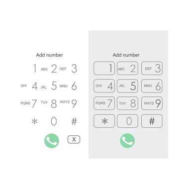 Telefon numaraları ve harfleri olan tuş takımı. Akıllı telefon için kullanıcı arayüzü tuş takımı. Dokunmatik ekrandaki klavye şablonu. Vektör