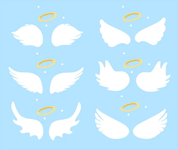 Angel Wings Gold Nimbus Cartoon Vector Icons Set Isolated Background — Stock Vector