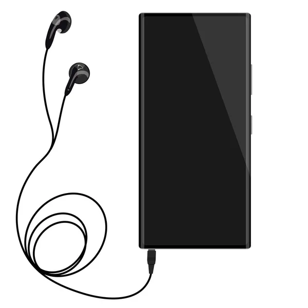 Smartphone Con Pantalla Blanco Conecta Auriculares Con Cable Espiral Vector — Vector de stock