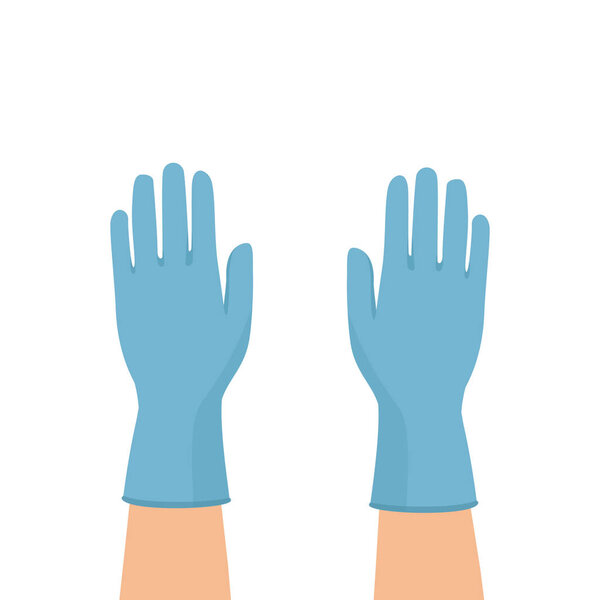 Hands putting on protective blue gloves isolated on white background. Latex gloves as a symbol of protection against viruses and bacteria. Precaution icon. Vector 