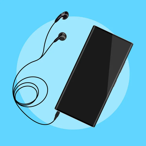 Smartphone Κενή Οθόνη Συνδέεται Ακουστικά Σπειροειδή Καλώδιο Μπλε Φόντο Διάνυσμα — Διανυσματικό Αρχείο