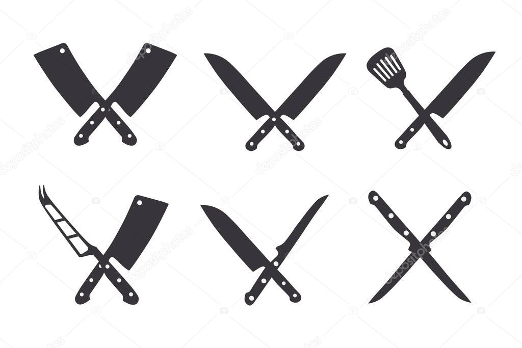 Crossed cleavers knives. Kitchen tools. Design elements for menu, poster, emblem, sign. Vector