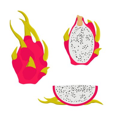 Lezzetli kesim ve beyaz arka planda izole edilmiş Pitahaya ejderha meyveleri. Vektör