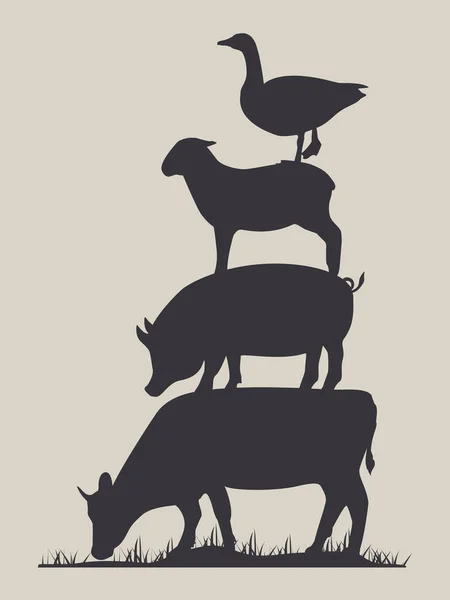 Animales Granja Vaca Cerdo Oveja Gallo Paran Uno Sobre Otro — Vector de stock