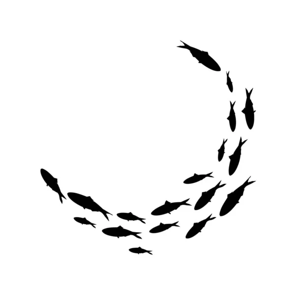 Fischschwärme Eine Gruppe Silhouettenfische Schwimmt Kreis Meeresleben Tätowierung Logo Fische — Stockvektor