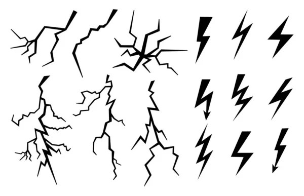 在白色背景上隔离的一组灯光 收集闪电或雷电的黑色自然现象 亮光效果 — 图库矢量图片