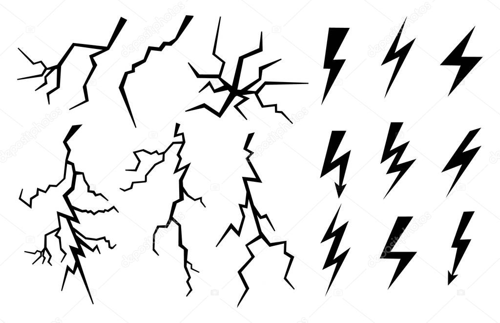 Set of lightnings isolated on white background. Collection of black natural phenomena of lightning or thunder. Bright light effects. Vector