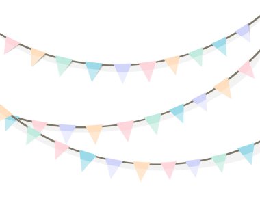 Renkli pastel kiraz kuşu ve çelenk desenli vektör çizimi. Doğum günü dekorasyon unsurları bayrakları