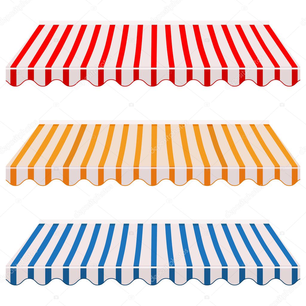 Vector illustration  collection of striped shop,store window awnings red, orange and blue. Awning, canopy icon