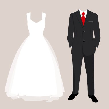 Gelin ve damadın düğün kartı kıyafetleri. Güzel bir gelinlik ve takım elbise. Vektör