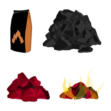 Yanan kömür, kömür yığını ve alev işaretli kömür torbası. Vektör illüstrasyonu