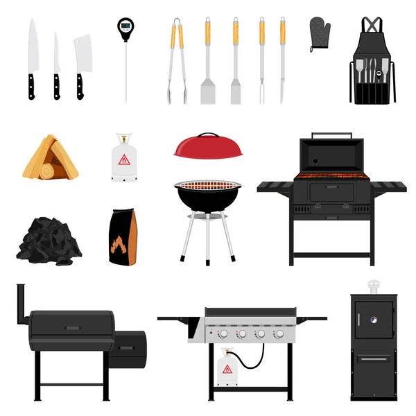 Barbecue Tools Collection Bbq Utensils Set Barbeque Grill Appliances Vector — Stock Vector