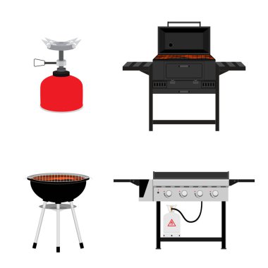 Farklı türde barbekü ızgara vektör seti. Kömür, gaz, ızgara vektör çizimi. Mangal partisi, geleneksel aşçılık yemekleri, restoran menüsü simgeleri