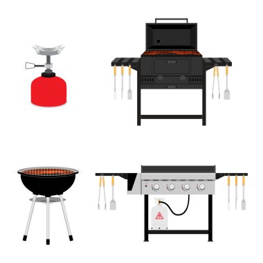 Farklı türde barbekü ızgara vektör seti. Kömür, gaz, ızgara vektör çizimi. Mangal partisi, geleneksel aşçılık yemekleri, restoran menüsü simgeleri