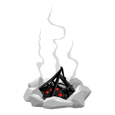 Kamp ateşinin çizgi film stili çizimi, beyaz arka planda izole edilmiş şenlik ateşi. Kamp ateşini yaktılar.