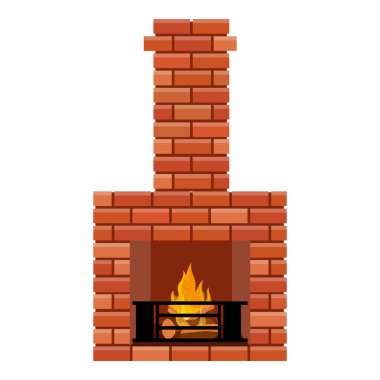 Beyaz arka planda izole edilmiş yakacak odunları olan tuğla şömine. Vektör illüstrasyonu