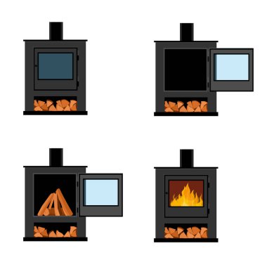 Şömine sobasındaki odun beyaz arka planda izole edilmiş. Baca boru koleksiyonu olan klasik bir şömine sobası. Vektör