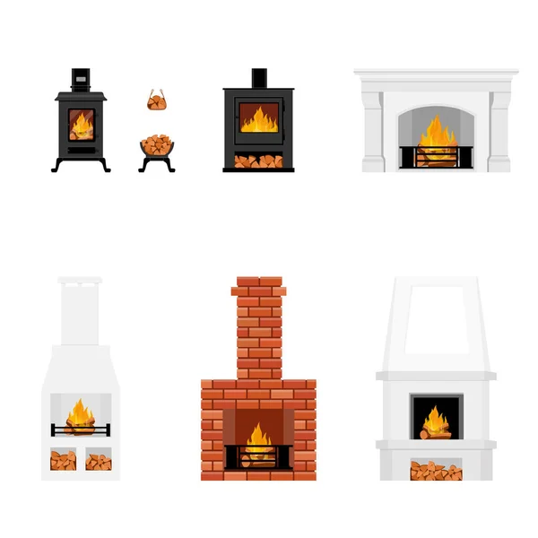 Fireplaces Hearths Vector Set Collection Various Fireplaces Fire Burning Wood — Stock vektor