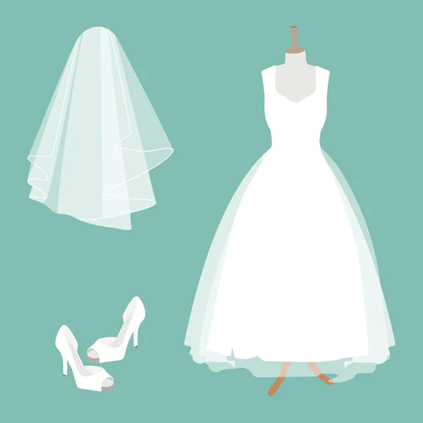Wedding Dress Collection Fashion White Bride Dress Shoes Veil Vector — Stock Vector