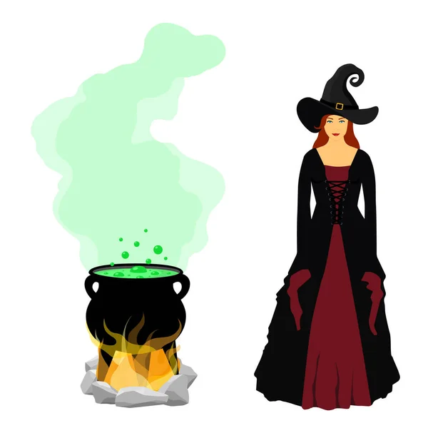 在白色背景上隔离的带有气泡绿色液体的女巫和大锅 神奇的药水巫术的象征 黑暗沸腾的大锅 万圣节元素 — 图库矢量图片