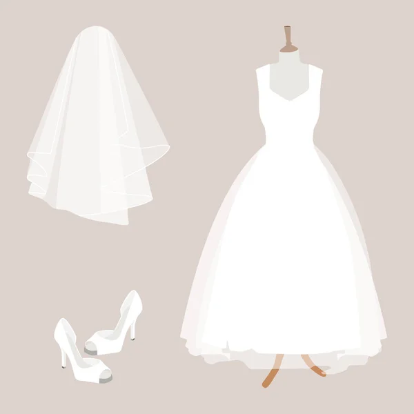 Coleção Vestidos Casamento Moda Vestido Noiva Branco Sapatos Véu Ilustração —  Vetores de Stock