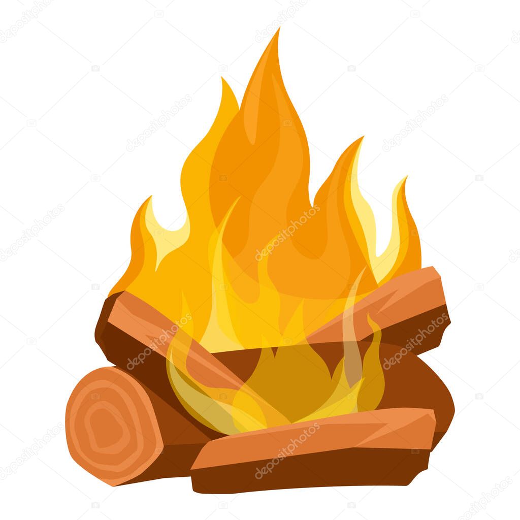 Campfire or fireplace burning woodpile isolated on white background. Bonfire vector