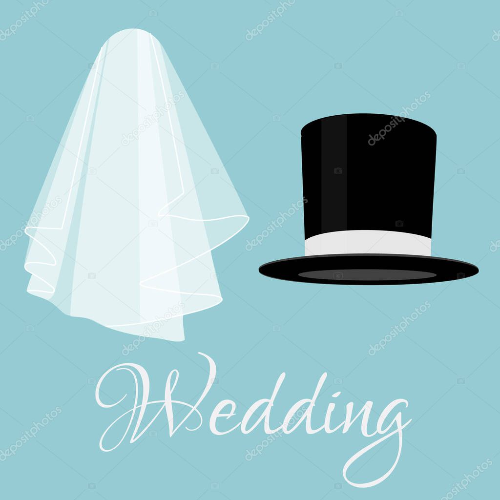 White bride veil and groom black cylinder, wedding couple, wedding invitation