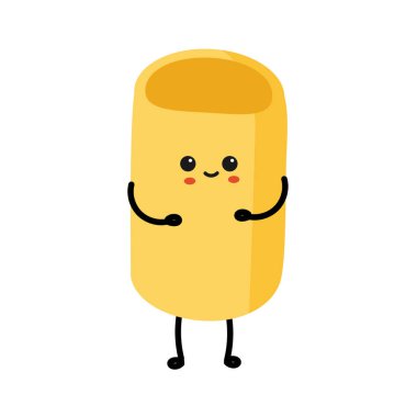 Makarna karakteri. Tatlı İtalyan geleneksel buğday yemeği. Çizgi film makarna maskotu, elleri bacakları ve kawai suratlı. Menü dekoratif elemanı. Vektör 