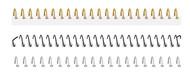 Notebook spirals, wire steel ring bindings and springs for calendar, diary, notepad, document cover or booklet sheets, metal stitch isolated on white background. Vector illustration, set