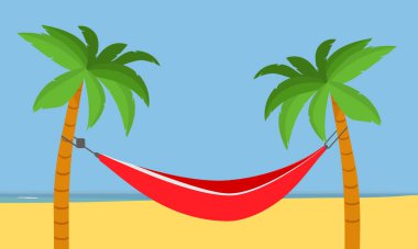Güzel bir plajı olan tropik bir adada palmiye ağaçları arasındaki hamak. Vektör illüstrasyonu