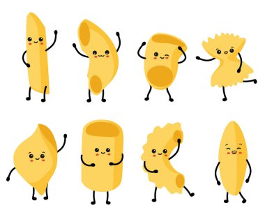 Makarna karakterleri. Tatlı İtalyan buğday yiyeceği. Elleri bacakları ve kawaii yüzlü makarna çizgi filmi. Geleneksel fusilli ya da spagetti. Menü dekoratif elementleri. Vektör yemek kümesi
