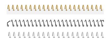 Notebook spirals, wire steel ring bindings and springs for calendar, diary, notepad, document cover or booklet sheets, metal stitch isolated on white background. Vector illustration, set
