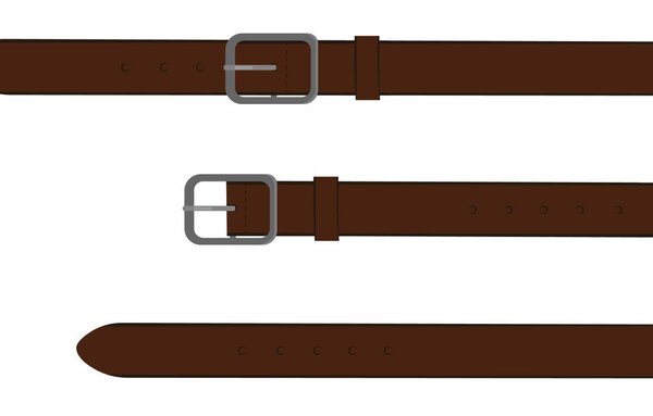 Brown leather belt with steel buckle, unbuttoned and with different metal haberdashery accessories isolated on a white background. Vector 