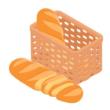 Beyaz, izometrik manzarada izole edilmiş taze pişmiş ekmek sepeti. Vektör