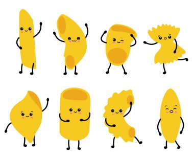 Makarna karakterleri. Tatlı İtalyan buğday yiyeceği. Elleri bacakları ve kawaii yüzlü makarna çizgi filmi. Geleneksel fusilli ya da spagetti. Menü dekoratif elementleri. Vektör yemek kümesi