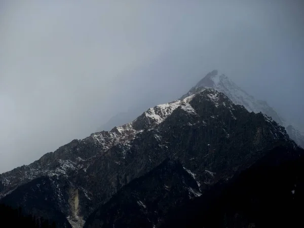Kara bulutlu gökyüzü, karla kaplı dağlar ve Himachal Pradesh Hindistan 'daki yüksek ağaçlar.